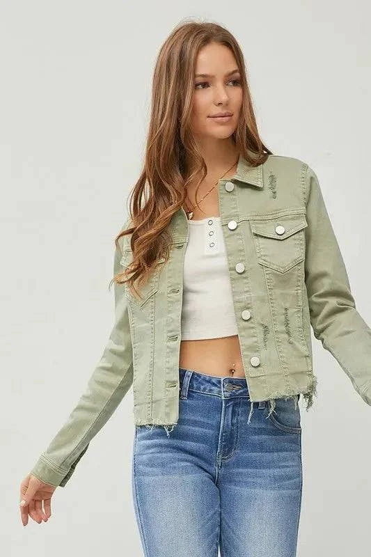 Women's RISEN Raw Hem Button Up Cropped Denim Jacket in green, featuring a trendy raw hem and classic button-up design.
