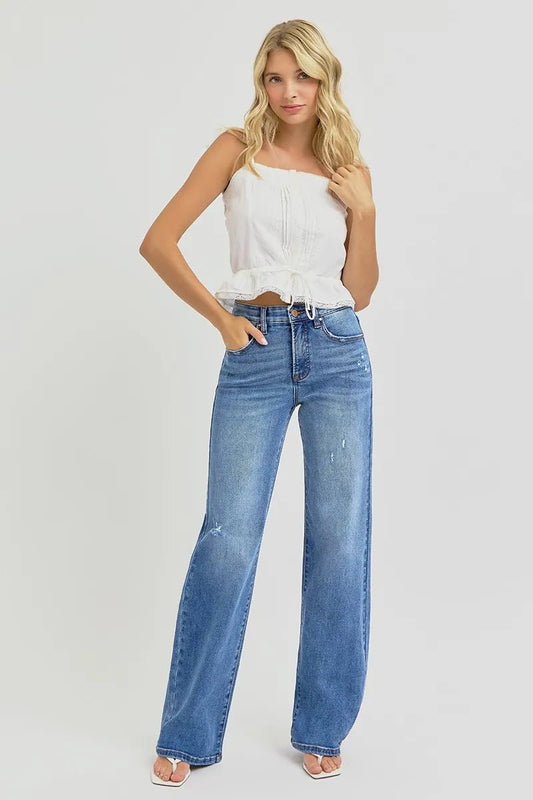 RISEN Tummy Control Elastic Band High Rise Wide Jeans - Jennie Dots