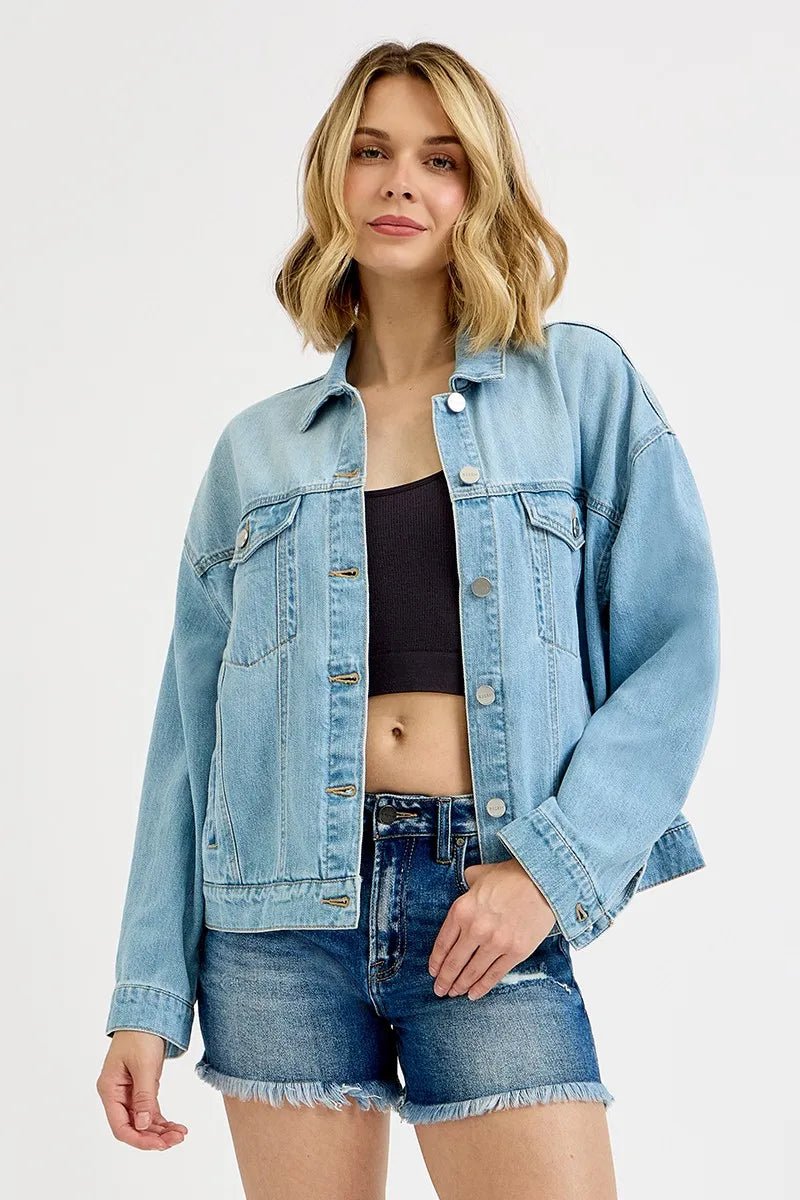 RISEN Washed Dropped Shoulder Denim Jacket - Jennie Dots