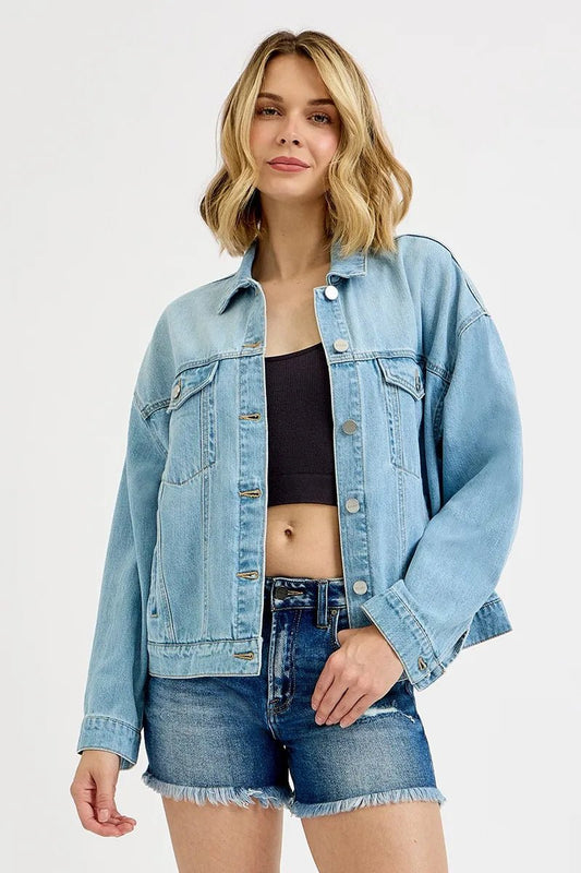 RISEN Washed Dropped Shoulder Denim Jacket - Jennie Dots