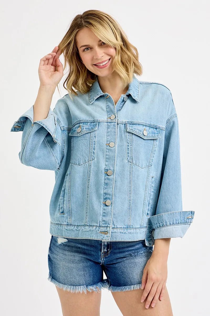 RISEN Washed Dropped Shoulder Denim Jacket - Jennie Dots