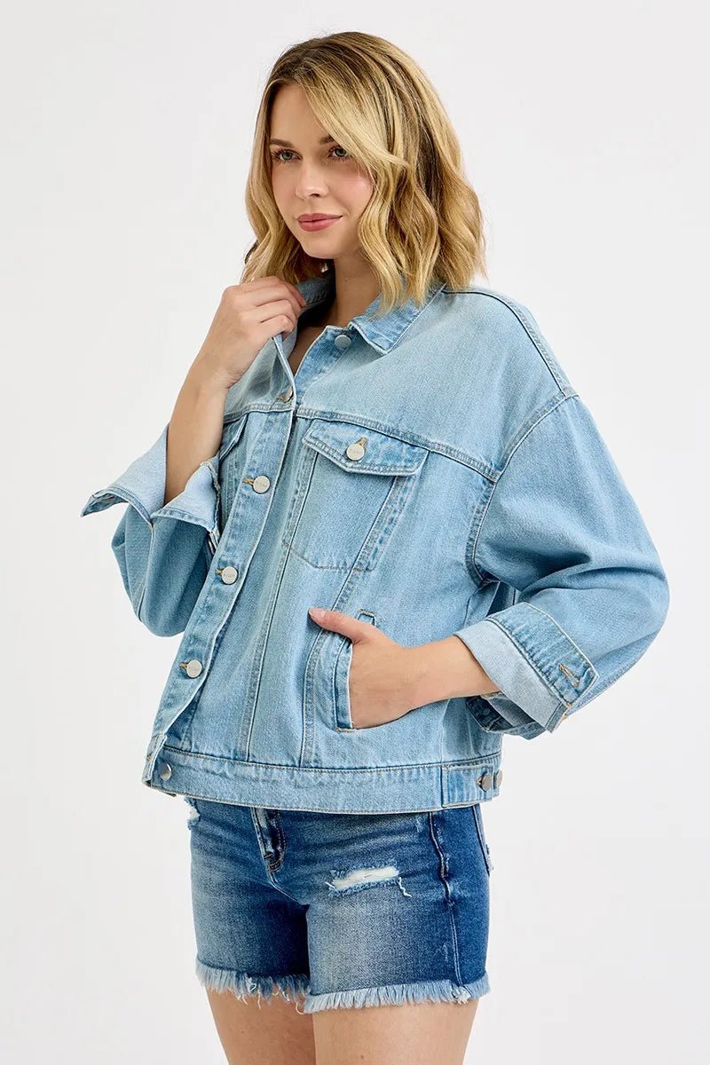 RISEN Washed Dropped Shoulder Denim Jacket - Jennie Dots