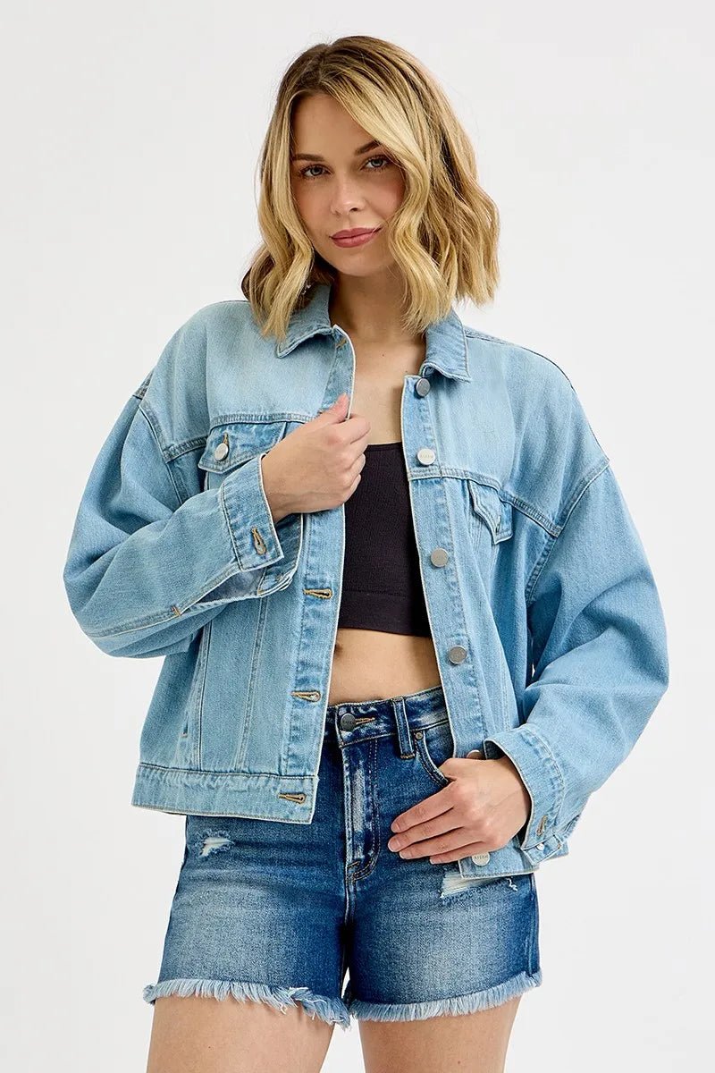 RISEN Washed Dropped Shoulder Denim Jacket - Jennie Dots
