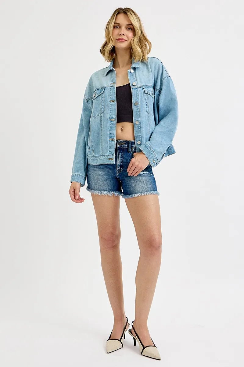 RISEN Washed Dropped Shoulder Denim Jacket - Jennie Dots