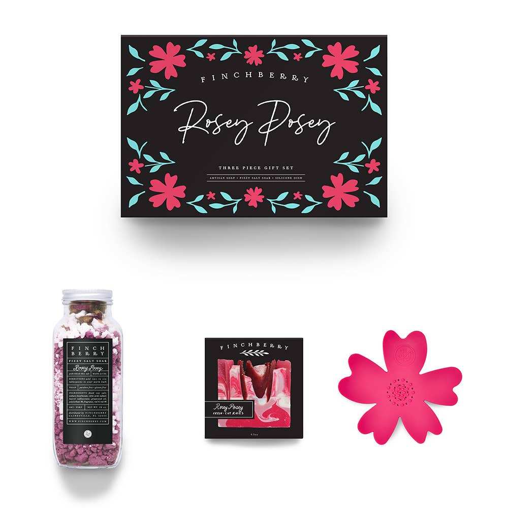 Rosey Posey 3 Pc Bath & Body Gift Set with fizzy salt soak, soap bar, and pink soap dish.