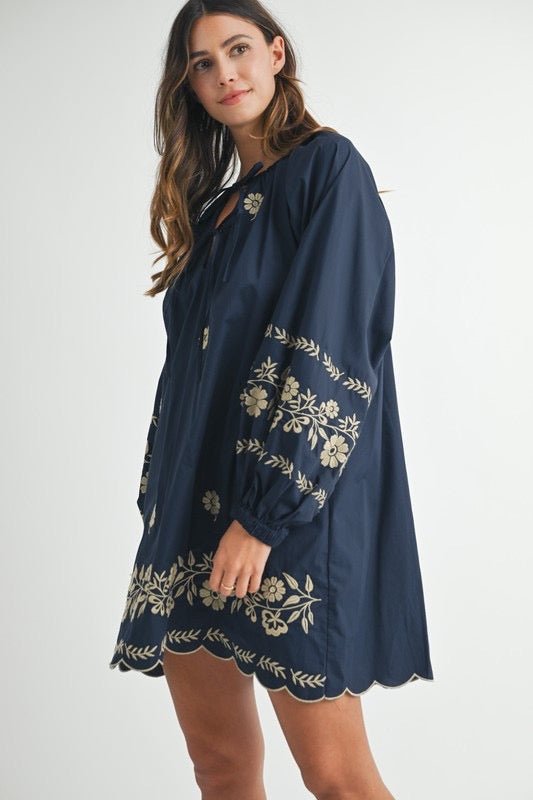 Sample - The Embroidered Long Sleeve Peasant Mini Dress - Jennie Dots