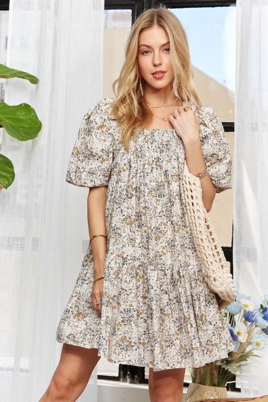 Floral Square Neck Puff Sleeve Dress with vintage-inspired floral pattern.