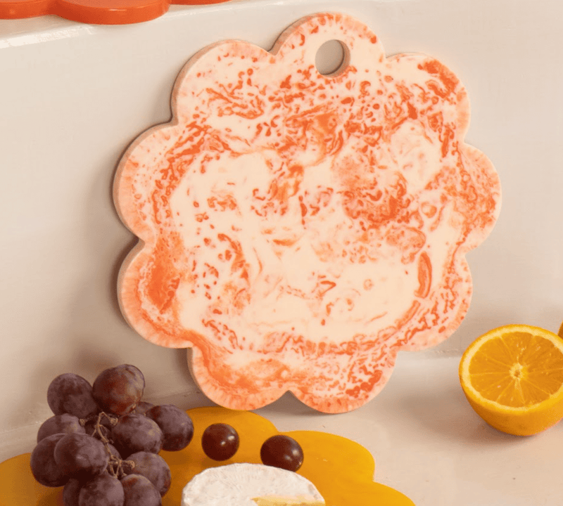 Scallop resin cheese charcuterie board in ivory and pink, handmade, 9 inches.