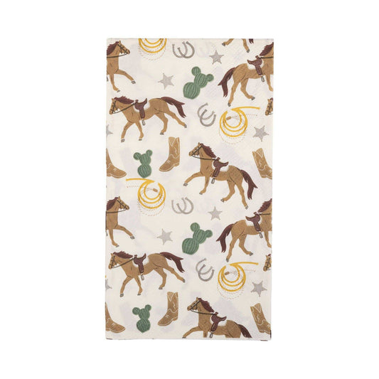 Cowboy-themed scatter paper dinner napkin with western icons.