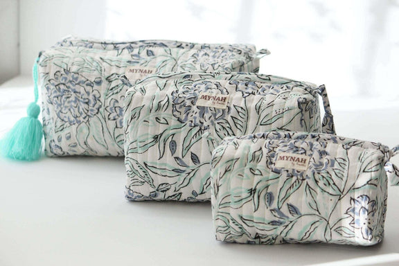 Set of 3 handmade hydrangea motif quilted bags with waterproof lining.