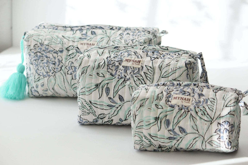 Set of 3 handmade hydrangea motif quilted bags with waterproof lining.