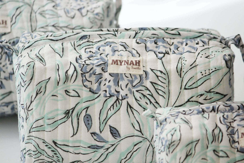 Set of 3 handmade hydrangea motif bags with waterproof lining.