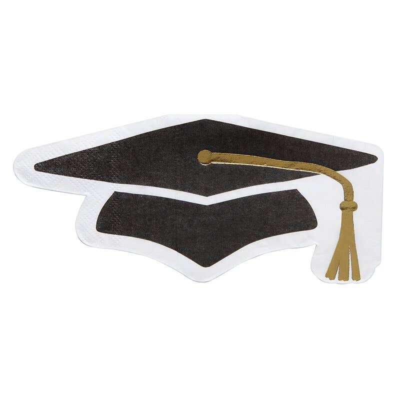 Black graduation cap shaped napkins with gold tassel detail.