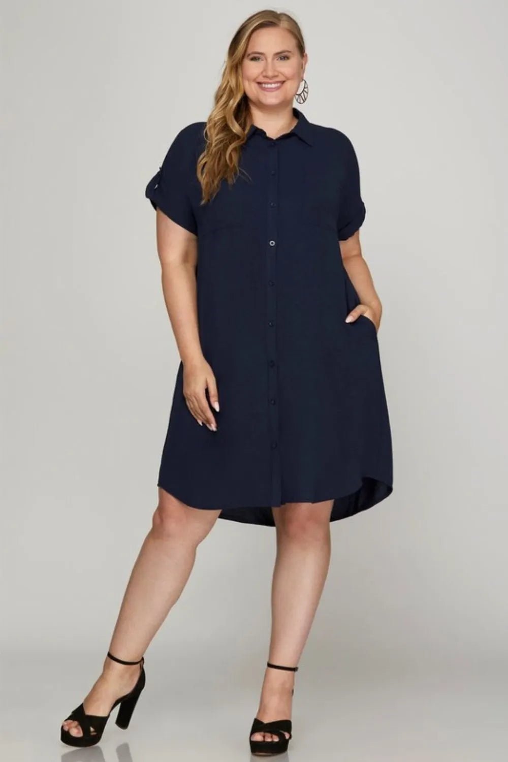 She + Sky Button Down Short Sleeve Woven Shirt Dress - Jennie Dots