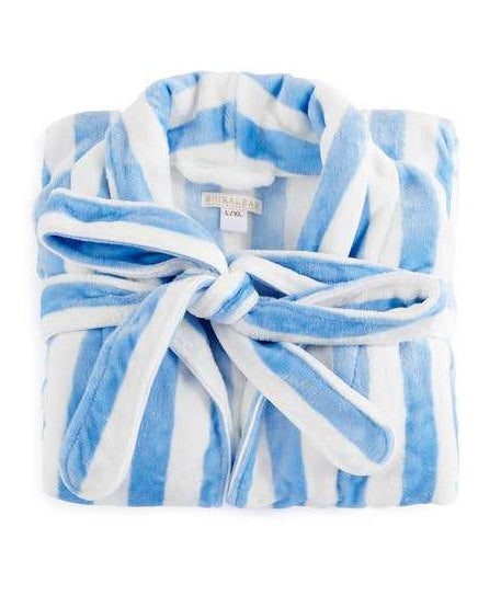 Sky blue and white stripe plush bath robe with belt, perfect for cozy lounging.