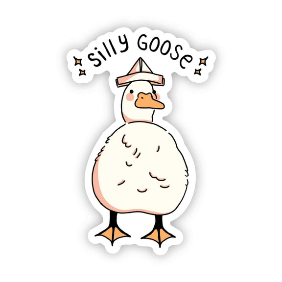 Silly goose animal pun sticker with hat, waterproof vinyl.