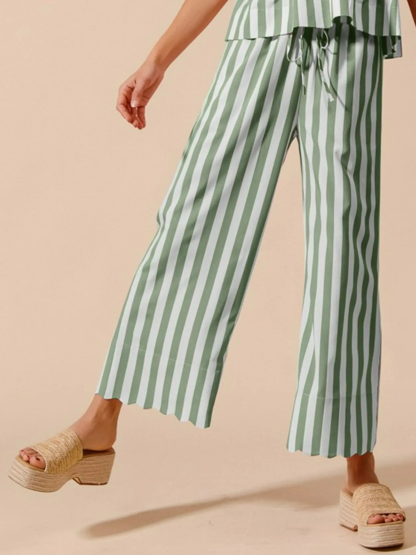 SO ME Front Tie Stripe Puff Sleeves Top and Wide Leg Pants Set - Jennie Dots