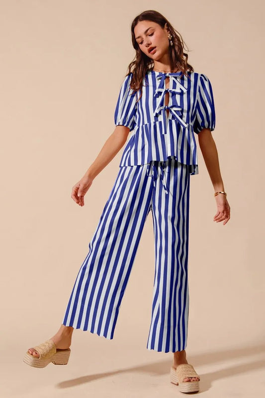 SO ME Front Tie Stripe Puff Sleeves Top and Wide Leg Pants Set - Jennie Dots