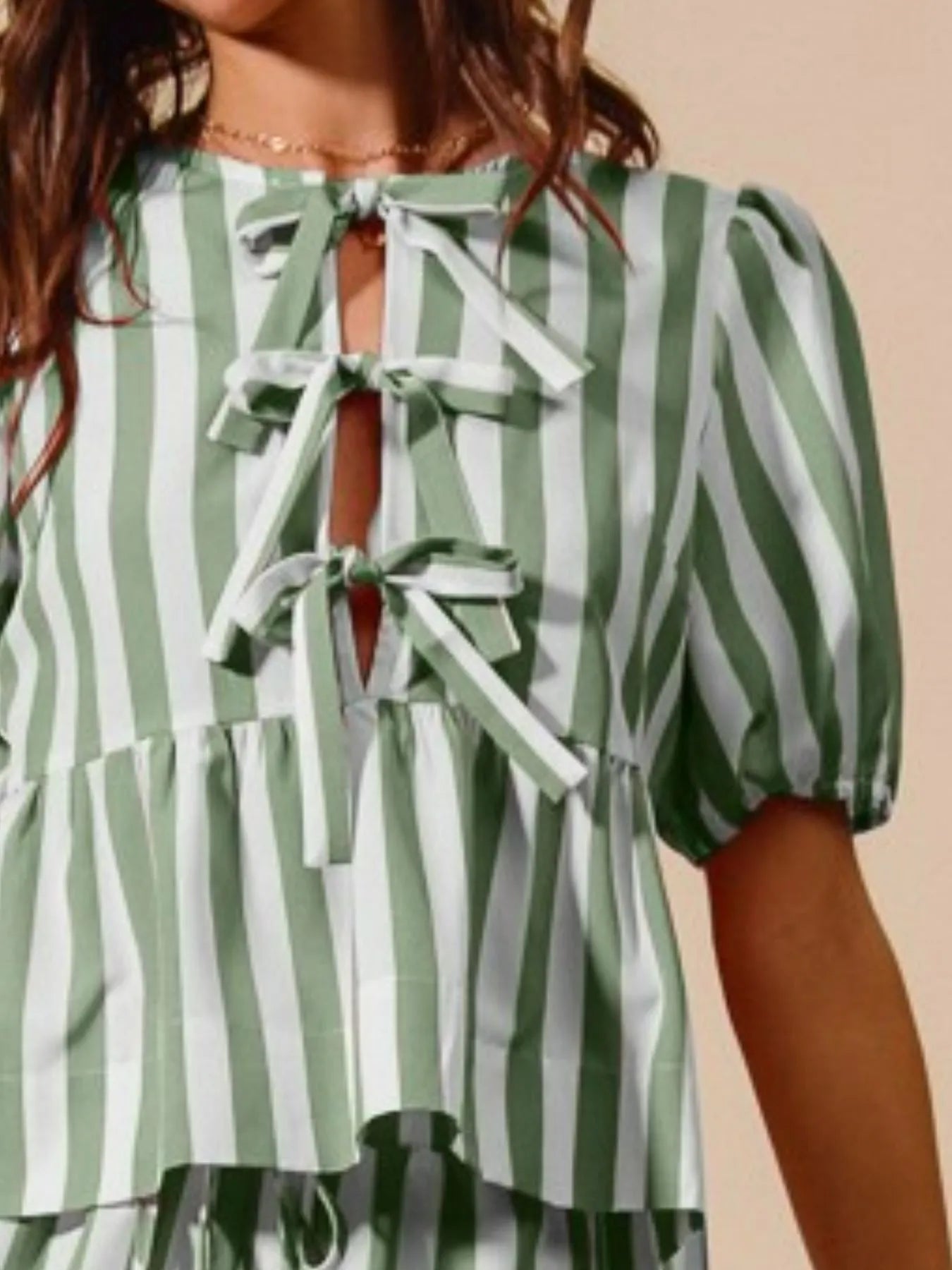 SO ME Front Tie Stripe Puff Sleeves Top and Wide Leg Pants Set - Jennie Dots