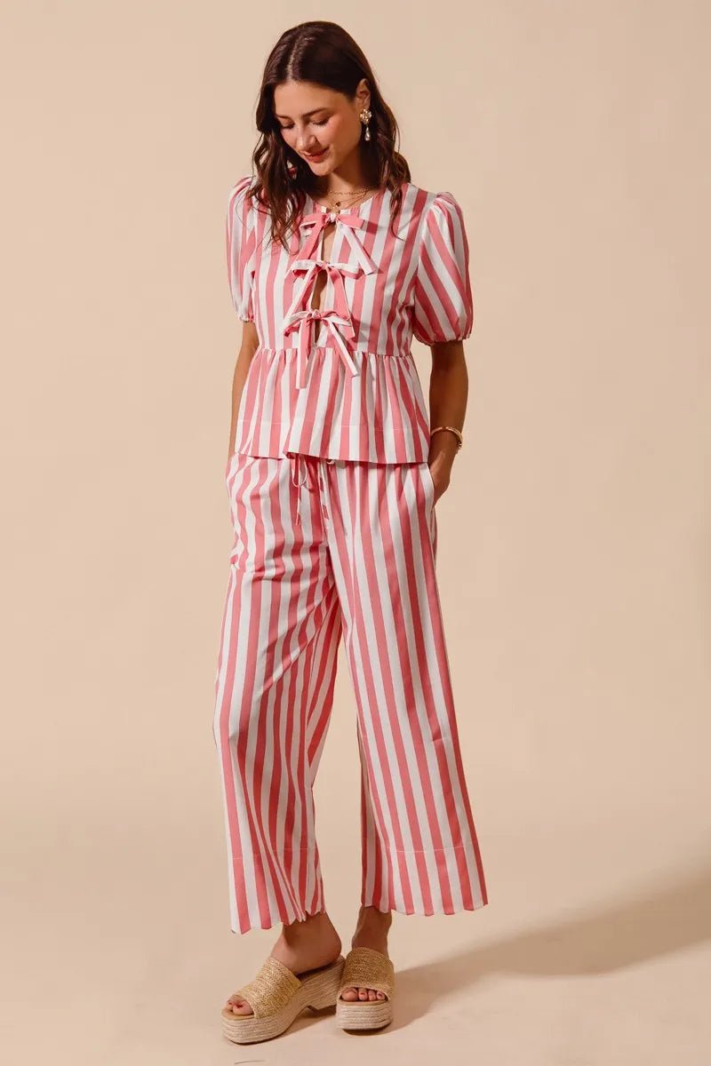 SO ME Front Tie Stripe Top With Puff Sleeves and Wide Leg Pants Set - Jennie Dots