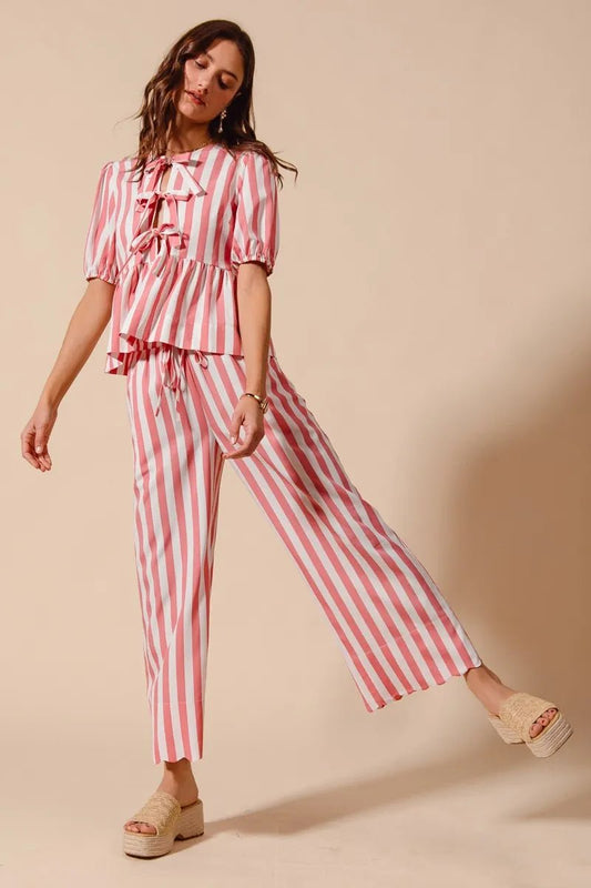 SO ME Front Tie Stripe Top With Puff Sleeves and Wide Leg Pants Set - Jennie Dots