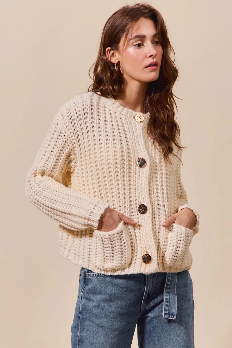 SO ME Metal Button Long Sleeve Chunky Sweater Cardigan - Jennie Dots
