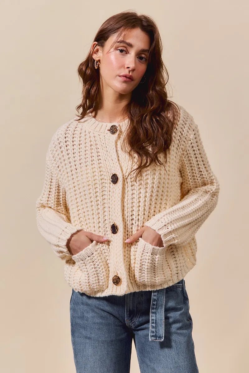 SO ME Metal Button Long Sleeve Chunky Sweater Cardigan - Jennie Dots
