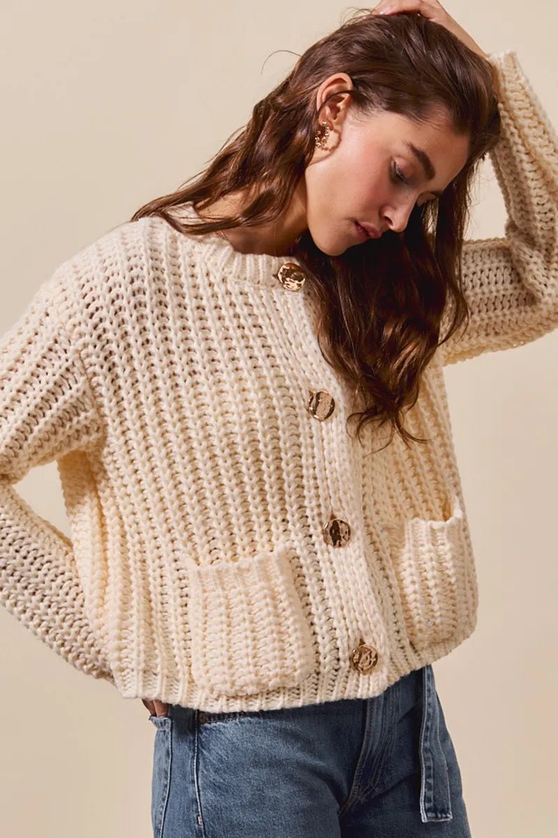 SO ME Metal Button Long Sleeve Chunky Sweater Cardigan - Jennie Dots