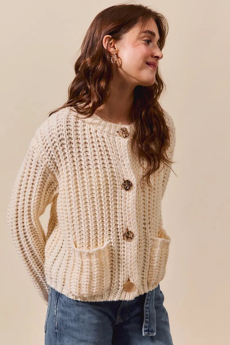SO ME Metal Button Long Sleeve Chunky Sweater Cardigan - Jennie Dots