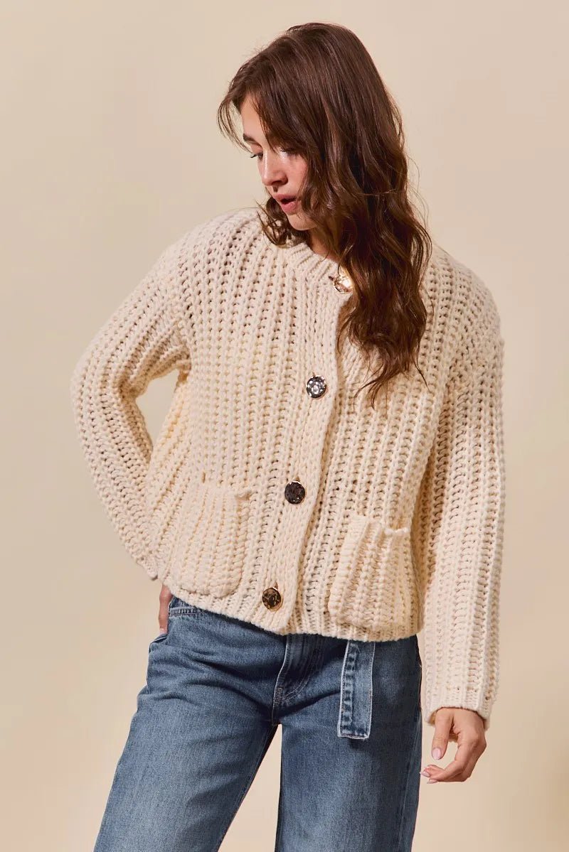 SO ME Metal Button Long Sleeve Chunky Sweater Cardigan - Jennie Dots