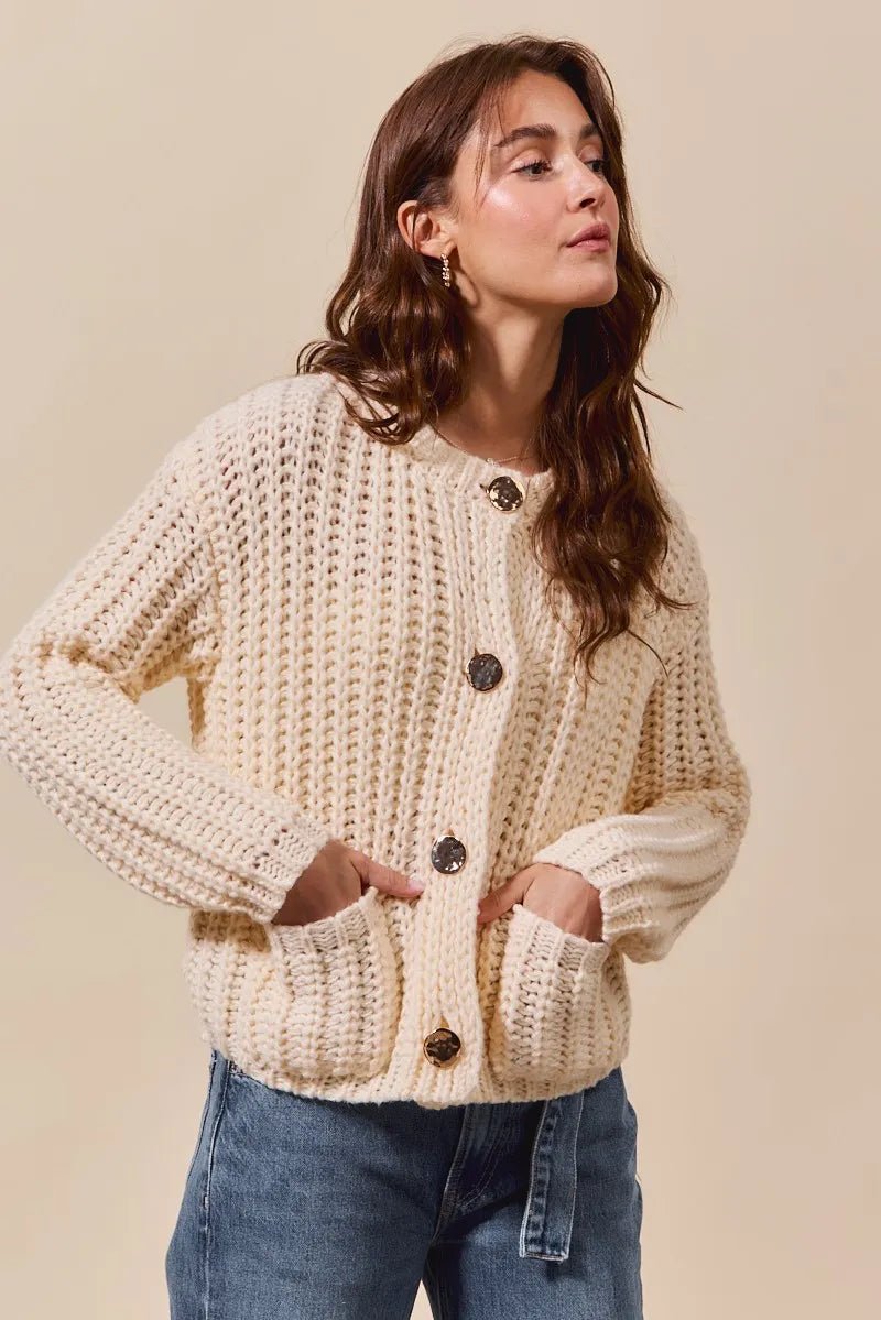 SO ME Metal Button Long Sleeve Chunky Sweater Cardigan - Jennie Dots