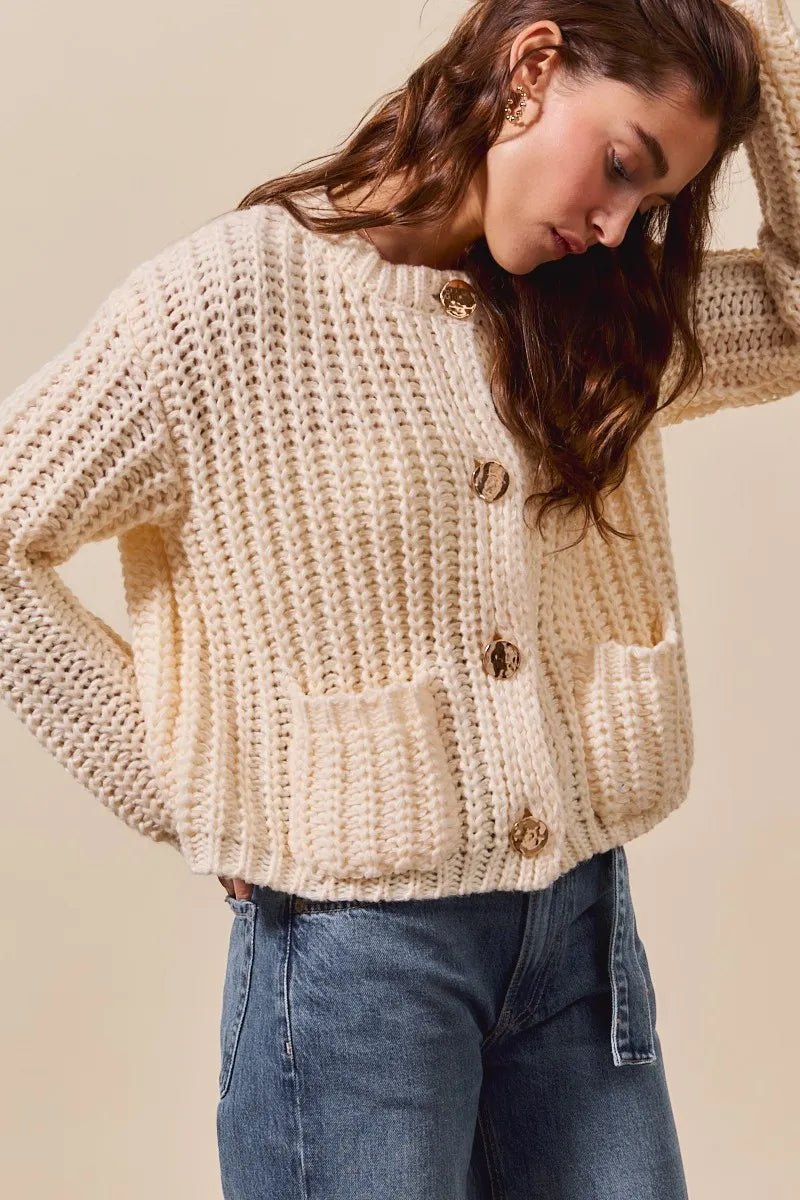 SO ME Metal Button Long Sleeve Chunky Sweater Cardigan - Jennie Dots
