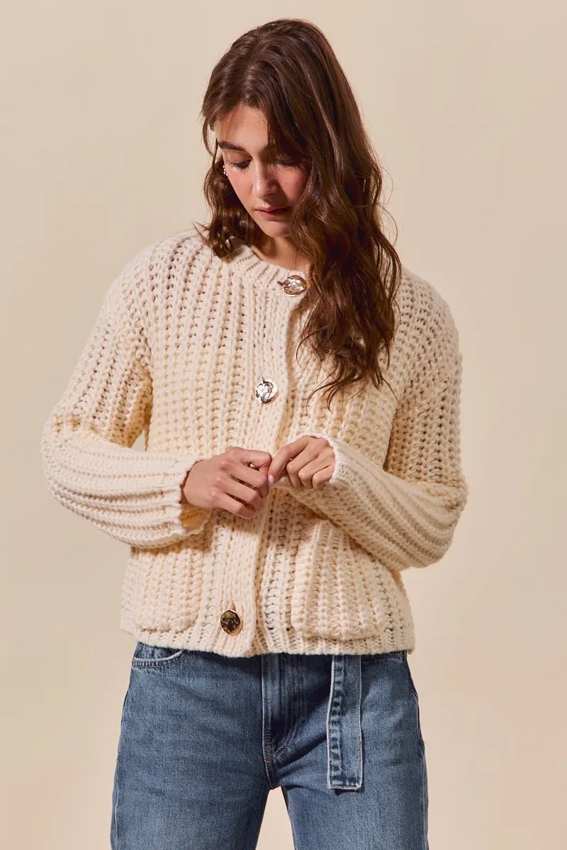 SO ME Metal Button Long Sleeve Chunky Sweater Cardigan - Jennie Dots