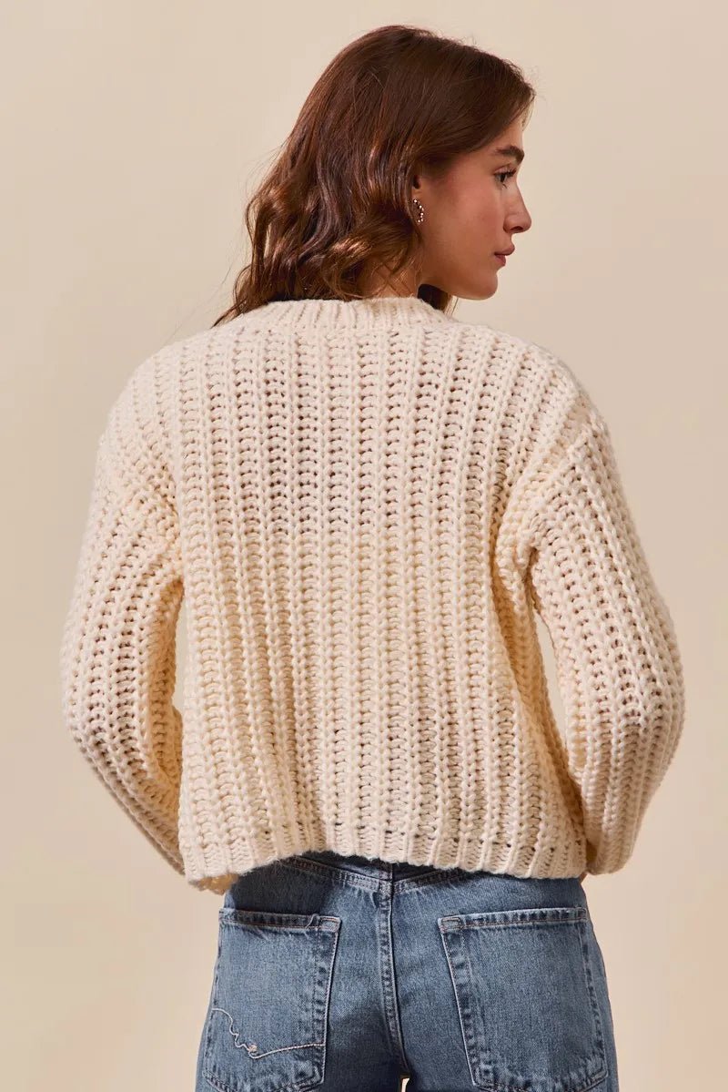 SO ME Metal Button Long Sleeve Chunky Sweater Cardigan - Jennie Dots
