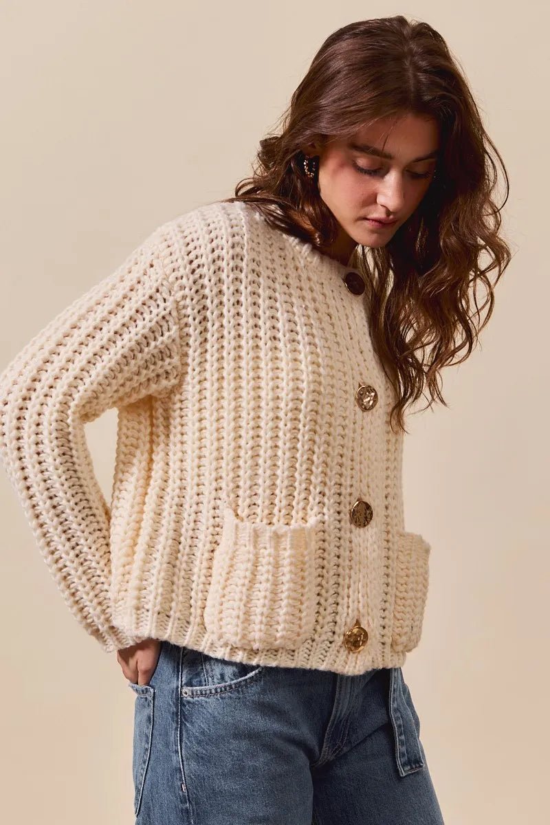 SO ME Metal Button Long Sleeve Chunky Sweater Cardigan - Jennie Dots