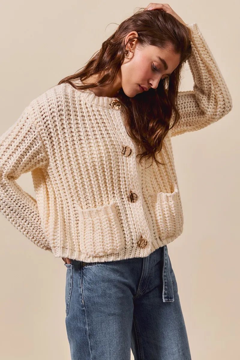 SO ME Metal Button Long Sleeve Chunky Sweater Cardigan - Jennie Dots
