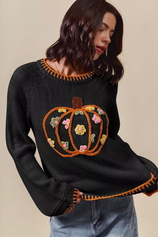 SO ME Pumpkin Floral Embroidered Thanksgiving Sweater - Jennie Dots