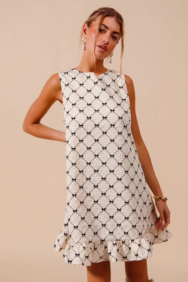SO ME Texture Bow Printed Mini Ruffle Dress - Jennie Dots