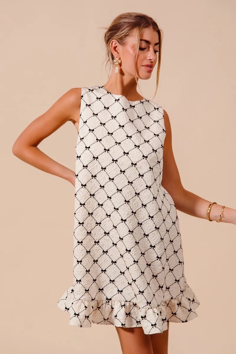SO ME Texture Bow Printed Mini Ruffle Dress - Jennie Dots