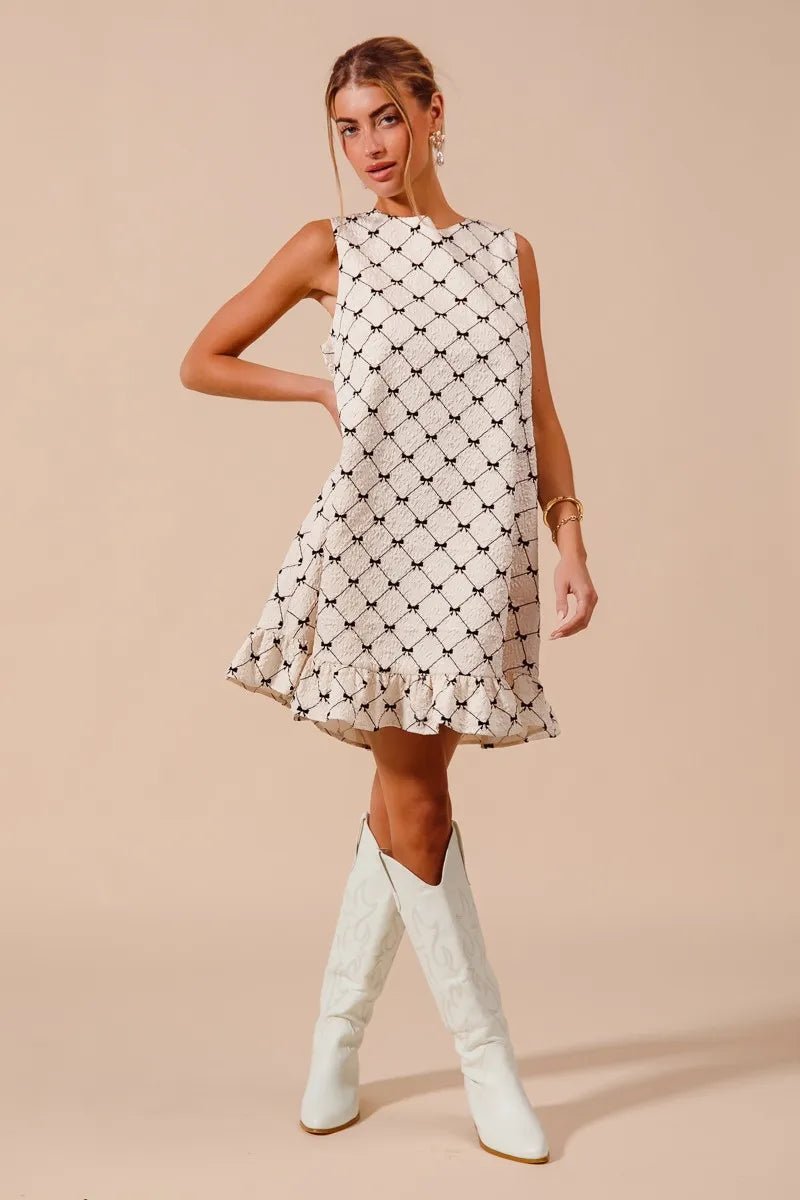 SO ME Texture Bow Printed Mini Ruffle Dress - Jennie Dots