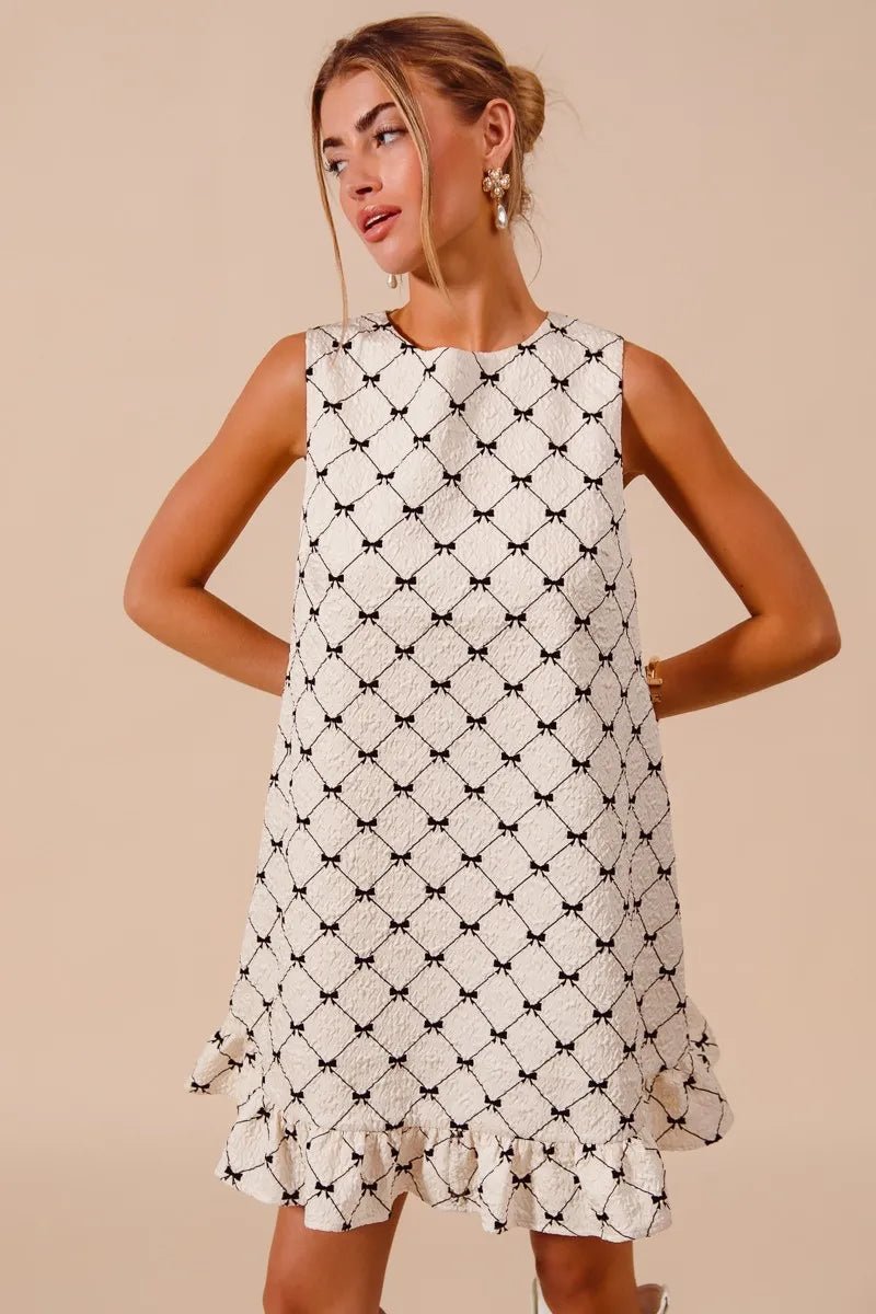SO ME Texture Bow Printed Mini Ruffle Dress - Jennie Dots