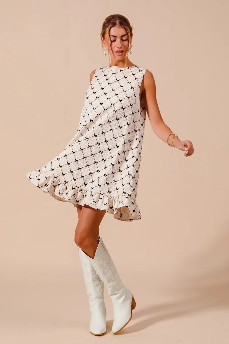 SO ME Texture Bow Printed Mini Ruffle Dress - Jennie Dots