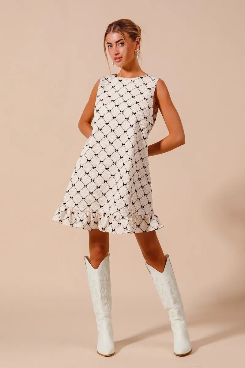 SO ME Texture Bow Printed Mini Ruffle Dress - Jennie Dots