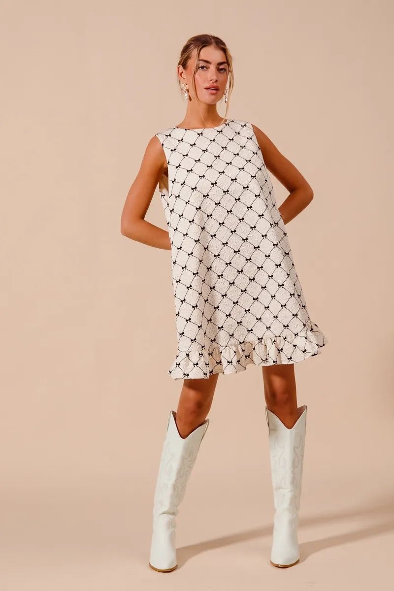 SO ME Texture Bow Printed Mini Ruffle Dress - Jennie Dots