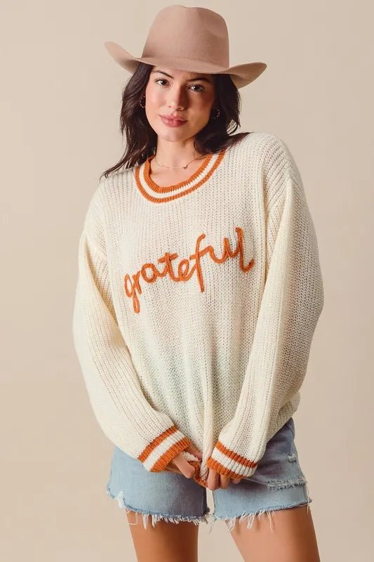 SO ME Thanksgiving Grateful Lettering Stitch Sweater - Jennie Dots