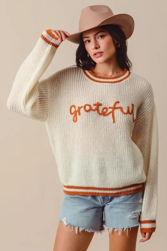 SO ME Thanksgiving Grateful Lettering Stitch Sweater - Jennie Dots