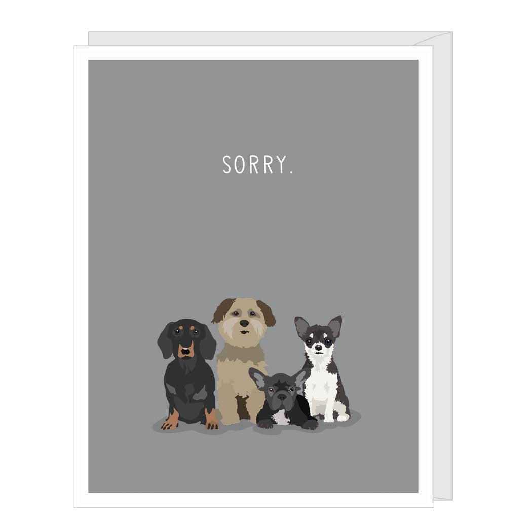 Sorry Dogs Pet Sympathy Card with illustrated dogs on a gray background.