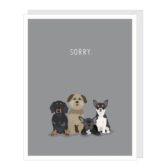 Sorry Dogs Pet Sympathy Card with illustrated dogs on a gray background.