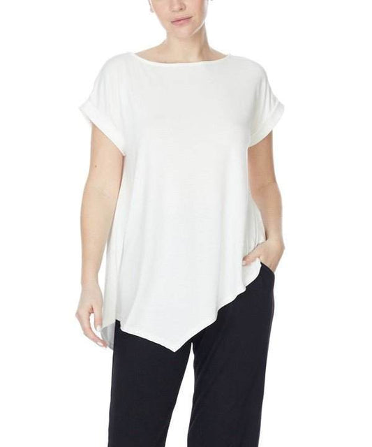 Studio Ko Asymmetrical Bamboo Top in white, oversized tunic with short sleeves, sustainable fabric.