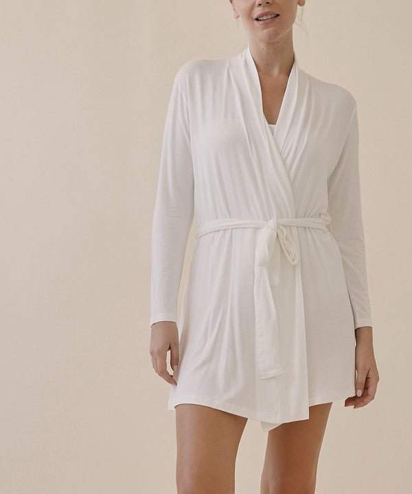 Studio Ko Bamboo Her Robe Cardigan in white, featuring a tie waist and long sleeves, made from soft organic bamboo spandex fabric.
